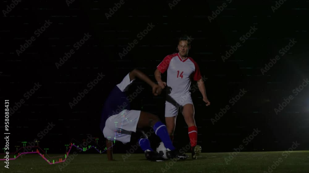 Poster soccer players on field with data analysis animation overlaid