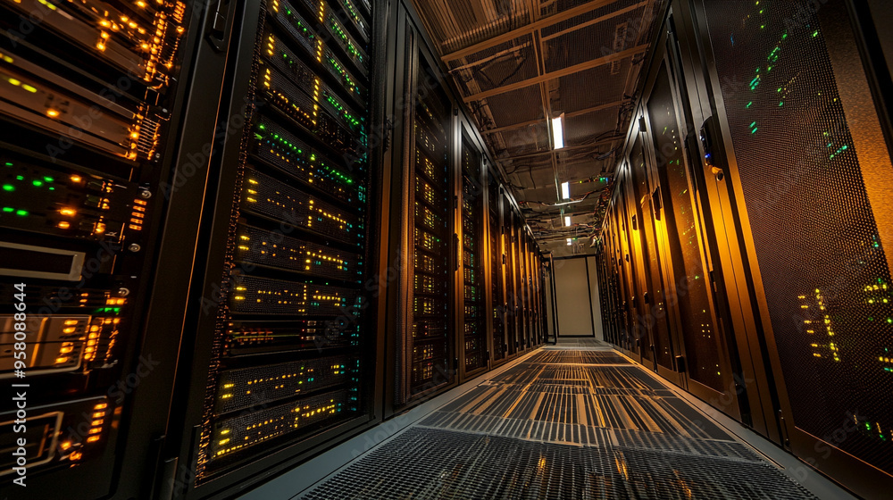Poster rows of glowing servers illuminate a high-tech data center corridor during nighttime operations