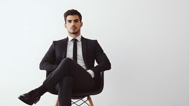 Business Attire: A man in a professional suit, sitting on a chair with a confident posture, on a white background.