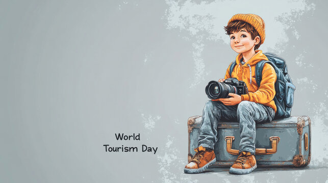 Young photographer sitting on suitcase ready for world tourism day adventure - Powered by Adobe