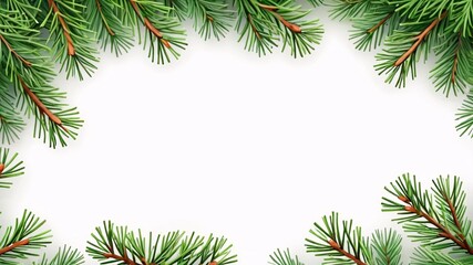 Green pine branches frame a white background.