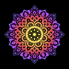 Color circular pattern in form of mandala with flower for decoration or print. Decorative ornament in ethnic oriental style. Rainbow design on black background.