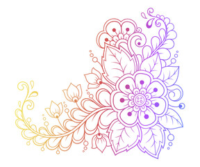 Colorful floral pattern for Mehndi and Henna drawing. Hand-draw lotus flower symbol. Decoration in ethnic oriental, Indian style. Rainbow design on white background. Outline vector illustration.