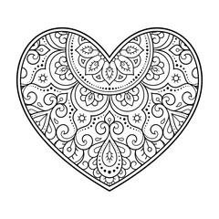 Mehndi flower pattern in form of heart for Henna drawing and tattoo. Decoration in ethnic oriental, Indian style. Valentine's day greetings. Coloring book page.