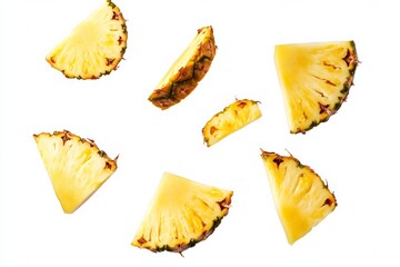 Naklejka premium Falling pineapple slices isolated on a white background
