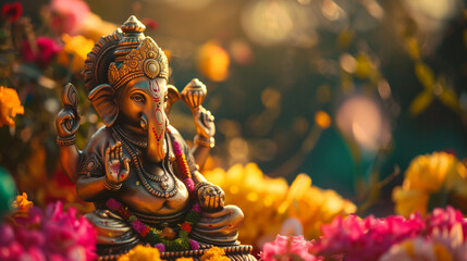 Fototapeta premium Lord Ganesha statue with decorative floral elements - ai generative