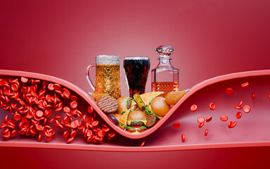Hyperlipidemia or arteriosclerosis. Blocked artery concept and human blood vessel as a disease with cholesterol fat . Clogged arteries, Cholesterol plaque. Fast food, junk food. 3d rendering