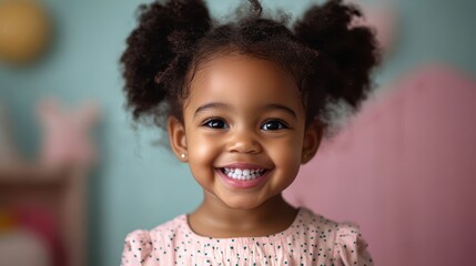 Adorable Smiling Toddler with Curly Hair in a Pink Dress Against a Soft Pastel Background