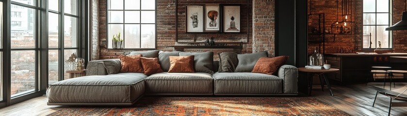 Cozy Industrial Living Room with Large Windows, Exposed Brick Walls, and Modern Furniture in a Loft Apartment