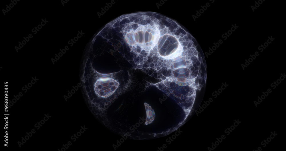 Poster a dark, ethereal sphere with intricate, web-like patterns glowing faintly. perfect for concepts of m