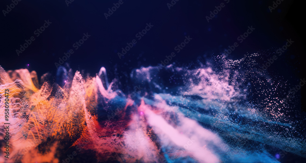 Poster abstract moving futuristic landscape of particles and dots of energy magic with glow and blur effect