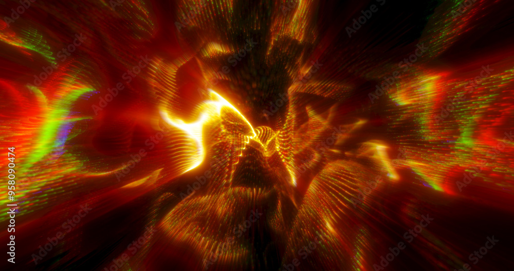 Poster a vibrant explosion of swirling red and gold light patterns, creating a dynamic and fiery abstract b