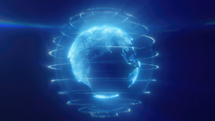 A digital representation of blue Earth with glowing lines encircling the planet, highlighting global connectivity and technology