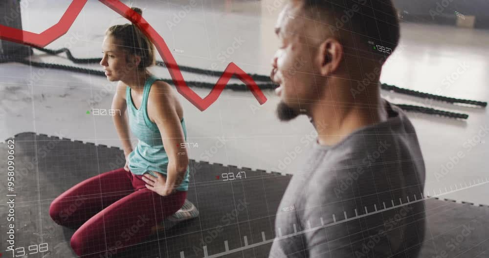 Poster red line graph animation over people exercising in gym