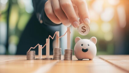 The Power of Saving: A Symbolic Representation of Financial Growth with a Hand Placing a Coin into a Piggy Bank Against a Backdrop of Positive Financial Trends