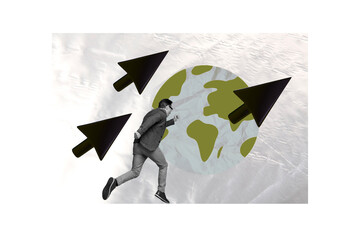 Composite photo collage of hurry man run relocation summer travel cursor gps pointer direction map...
