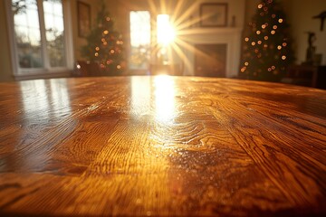 Obraz premium Wooden Tabletop With Sunlight Reflecting On Its Surface