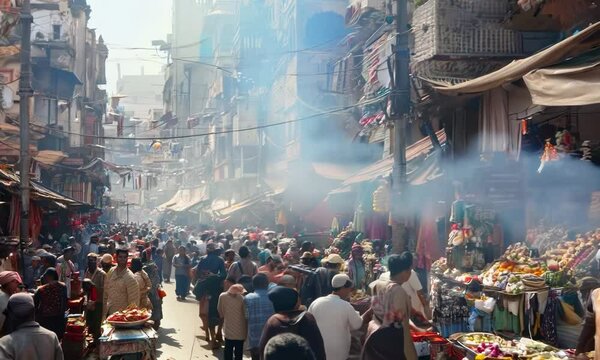 A busy market with people walking around and carrying fruit Video