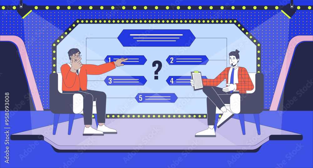 Aufkleber quiz show on tv flat illustration. host suggesting multiple choice questions to contestant 2d charac