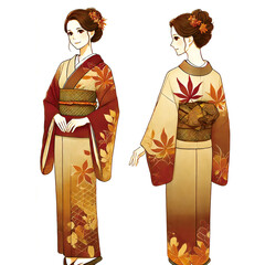 Naklejka premium 秋らしい柄の着物を着た女性のイラスト