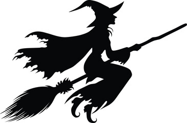 Halloween silhouette wicked witch flying on broomstick, Vector graphics