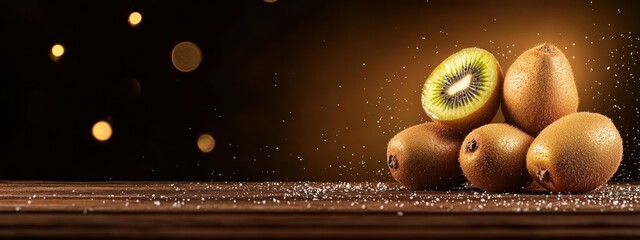  A cluster of kiwis arranged atop one another against a black backdrop, speckled with golden glitter