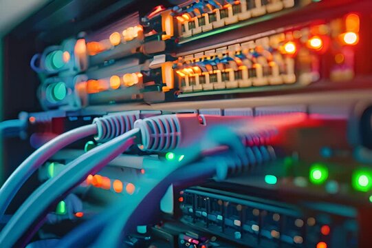 network server cables and ports with glowing indicator lights in a data center