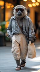 Obraz premium A monkey wearing sunglasses, a grey shirt, beige pants and sandals walks down a city street carrying a white bag.