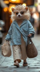 A hedgehog wearing sunglasses and casual clothes walks down a city street carrying shopping bags.