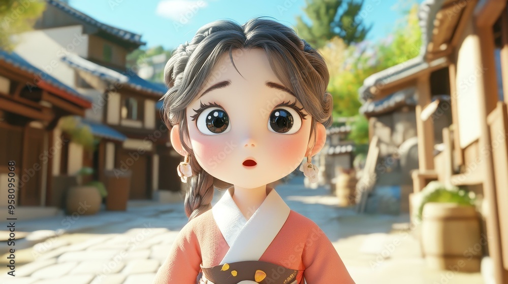 Poster a lovely girl in hanbok stands in a quaint joseon village, her sad expression highlighted by the vib