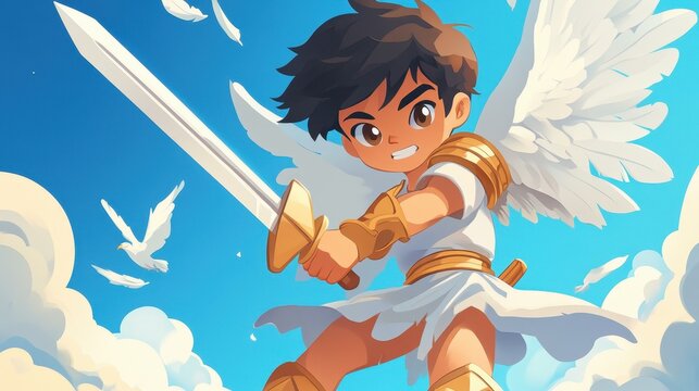 An angel wields a twohanded sword, ready to strike with power. Its four wings spread wide in this vibrant D illustration.