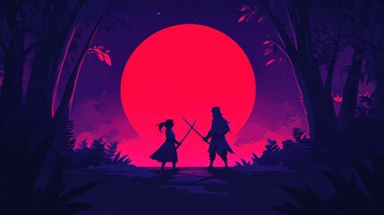 Under the moonlit sky, two hooded warriors clash in a thicket, their weapons drawn in a thrilling standoff.