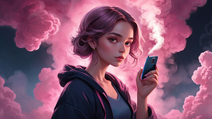 The illustration of a charming girl wearing a cozy hoody is holding an Android phone that is emitting smoke. She is enveloped in a cloud of light pink smoke that swirls around her.