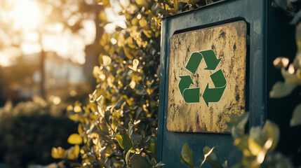 Znak recyklingu z wyróżniającym się zielonym przyciskiem, ilustrującym ideę zerowych odpadów i ponownego wykorzystania. 