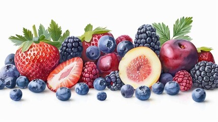 Obraz premium A vibrant assortment of fresh, juicy fruits arranged beautifully, perfect for healthy lifestyle and culinary designs.