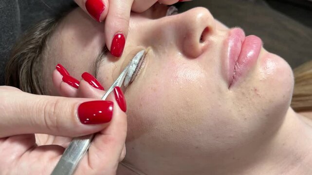 Procedure of eyelashes lamination in beauty salon, close-up. Cleansing, laying out eyelashes, checking for readiness, removing the first composition, applying the second one, installing compensators.