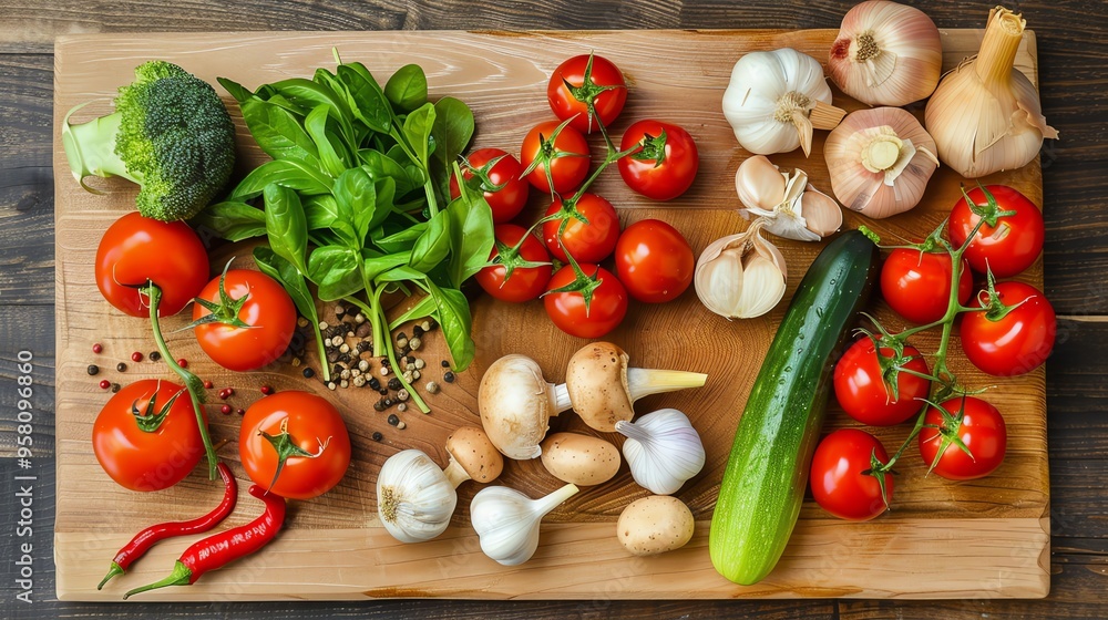 Wall mural fresh vegetables, including tomatoes, garlic, cucumbers, peppers, and basil on a cutting board.