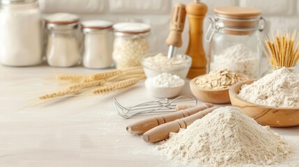 Gluten-free flour assortment with baking utensils and fresh ingredients on kitchen counter, photo realistic, copy space for text, Gluten-Free Diet, baking essentials