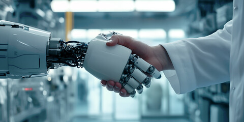 Handshake between a human and a robot, representing the concept of Artificial Intelligence technology, with a research lab setting blurred in the background.