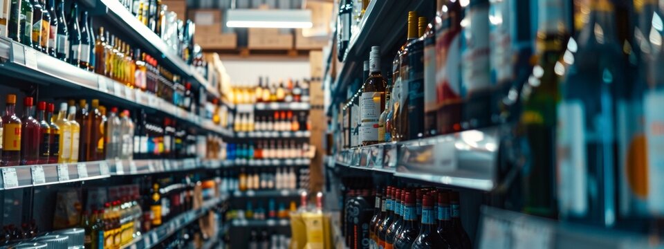 Liquor store aisle with shelves full of various alcoholic beverages