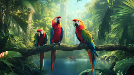 Tropikalny las deszczowy z mn&oacute;stwem papug w r&oacute;żnych odcieniach, kt&oacute;re swobodnie latają w gęstej roślinności. 