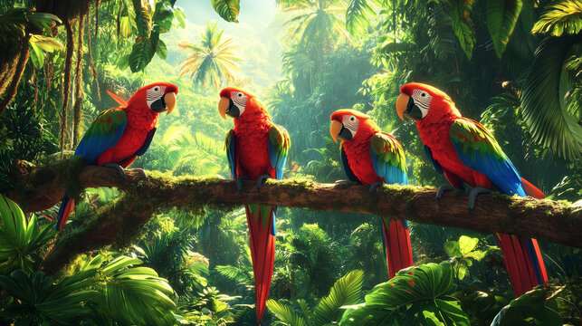 Tropikalny las deszczowy z mn&oacute;stwem papug w r&oacute;żnych odcieniach, kt&oacute;re swobodnie latają w gęstej roślinności. 