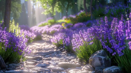 Obraz premium A lavender field in a summer garden, with plants in full bloom and a fragrant scent in the air.