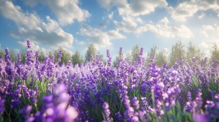 Naklejka premium A lavender field in a summer garden, with plants in full bloom and a fragrant scent in the air.