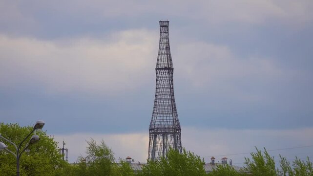 MOSCOW, RUSSIA - MAY 3 2019: Shukhov radio tower, also known as Shabolovka tower, is broadcasting tower deriving from Russian avant-garde in Moscow, Russia, designed by Vladimir Shukhov.