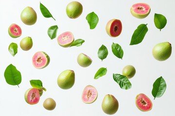 Falling guava fruits on a white background,