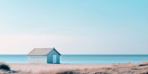 Tranquil beach hut by the sea: serene coastal landscape with clear blue sky