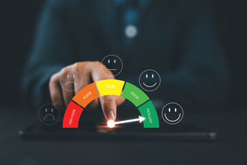 Customer using smartphone with face icons and info graphic percentage to evaluate product after use...