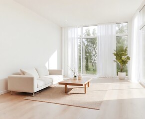 Fototapeta premium White minimal living room design. white color wall , white ceiling, white minimal sofa against white wooden bookshelf, white interior lightened .Modern living room. Minimalist interior design. Japan