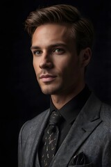 Obraz premium A sharply dressed man stands confidently against a sleek black background.Professional businessman
